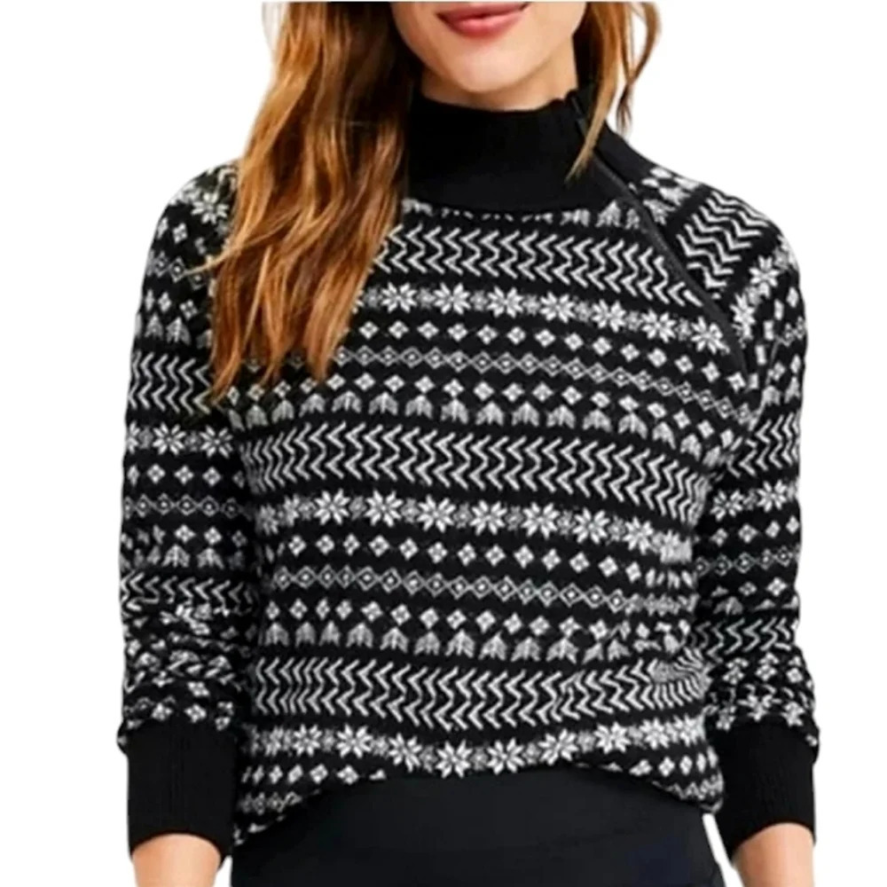Lou & Grey Nordic Fair Isle All Over Print Black White Zip Neck Sweater Medium